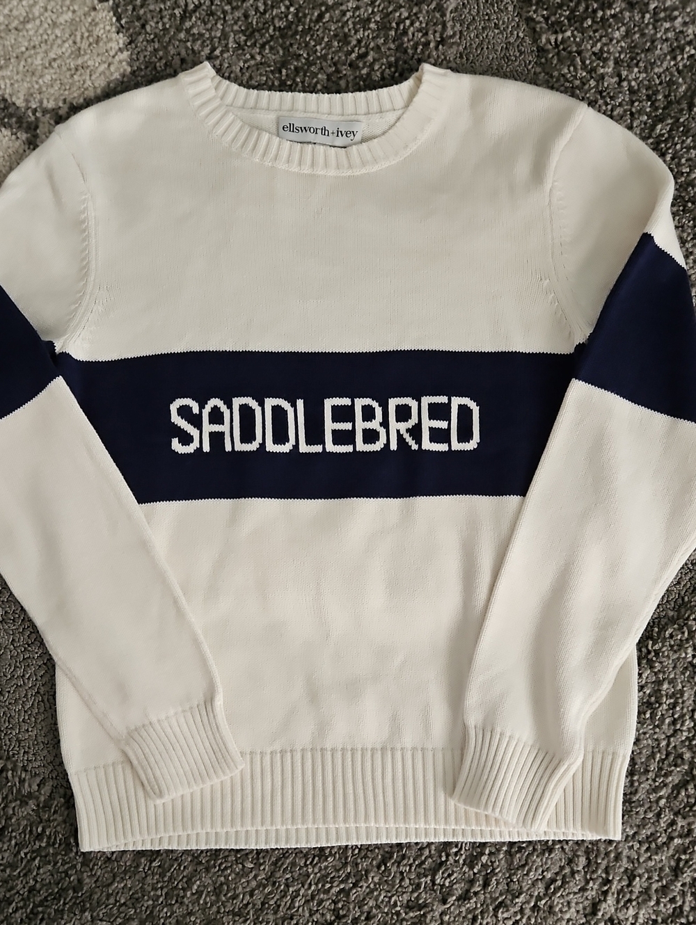 ELLSWORTH + IVEY SADDLEBRED IVORY/NAVY CREW NECK SWEATER SZ L